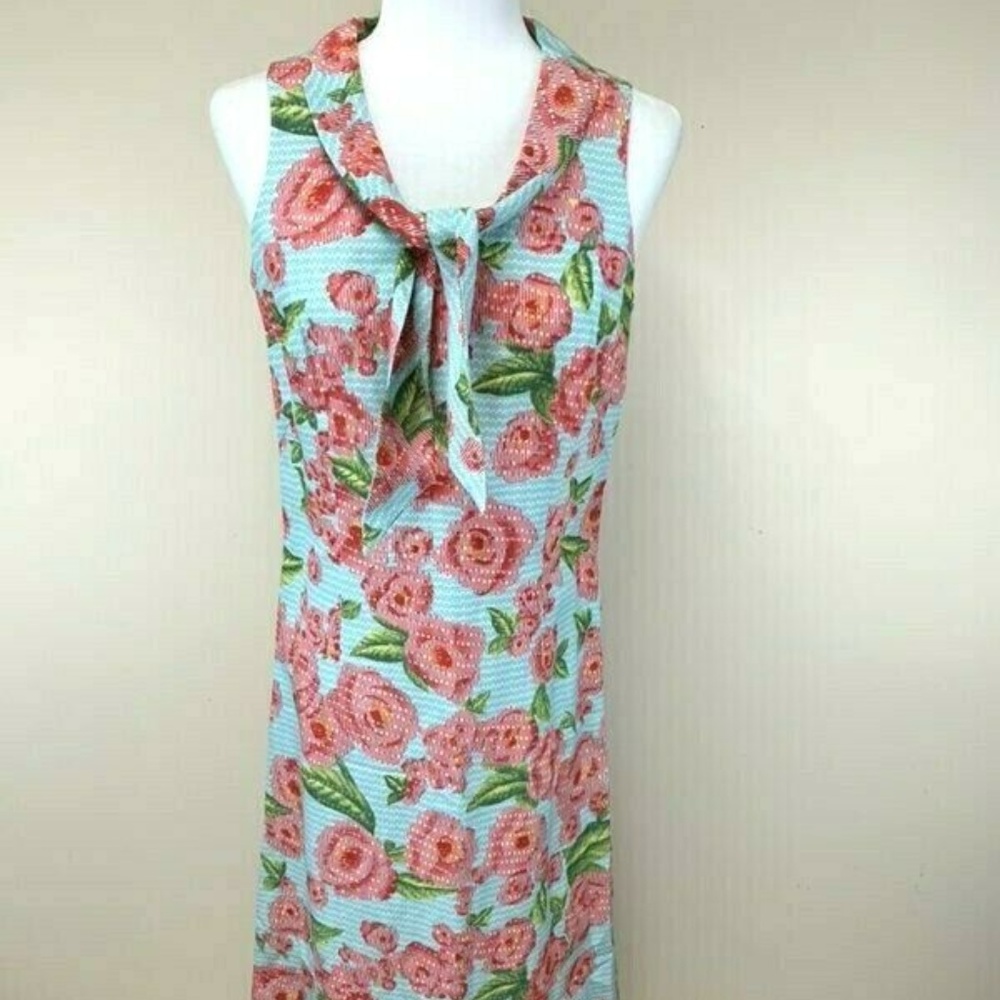 Garnet Hill Silk Linen Floral Dress Tie Neck 8P